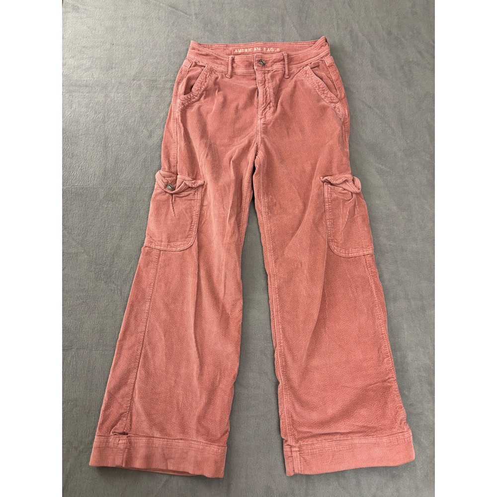 American Eagle Corduroy Cargo Pants Pink Wide Leg Stretch Size 4 Long